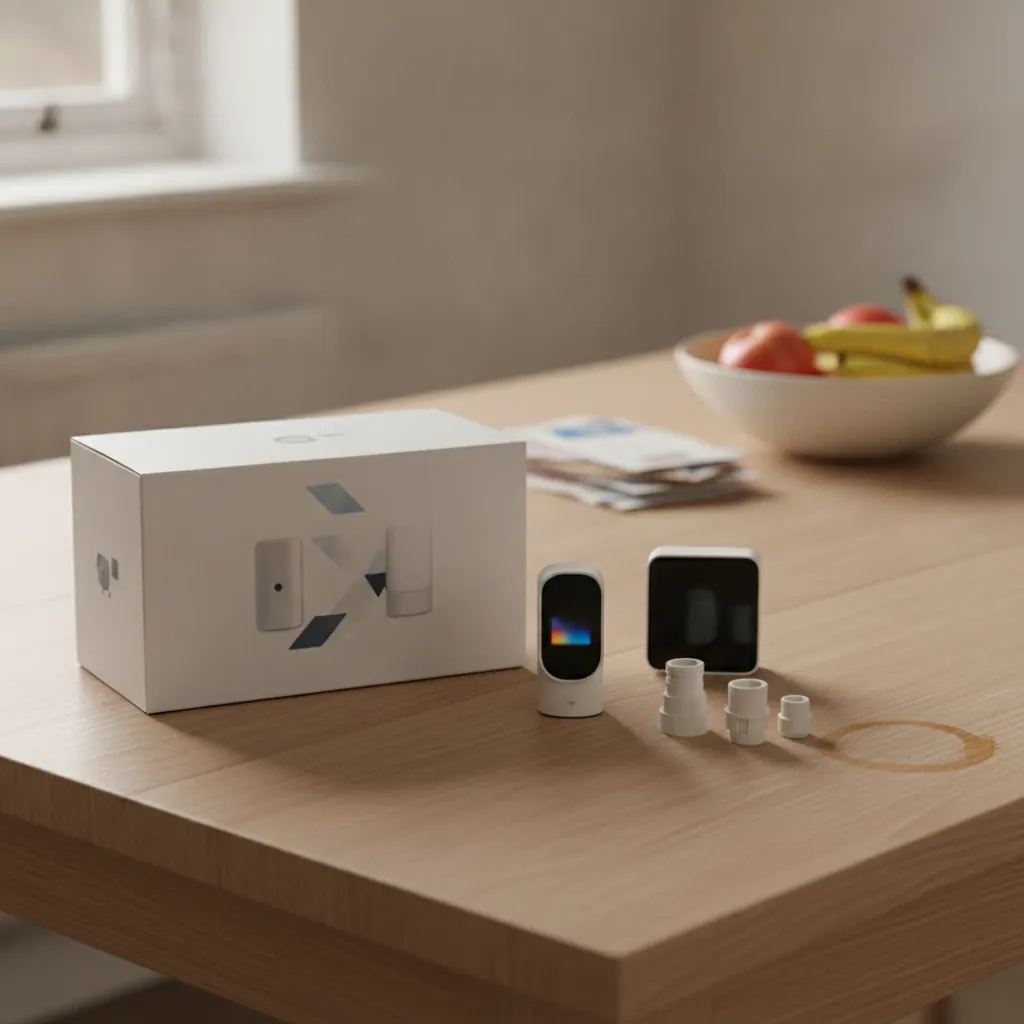 tado Smart Radiator Thermostat X Starter Kit box with valve, Bridge X hub and adapters on a table