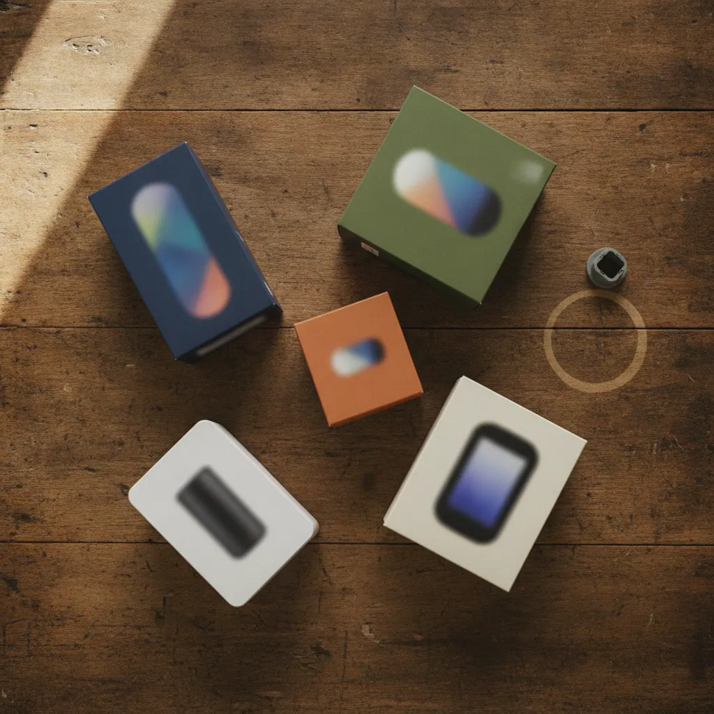 Flat lay of six smart radiator valve boxes from TP-Link Kasa, Eve, Hive, Drayton Wiser, Aqara and Shelly on a wooden table
