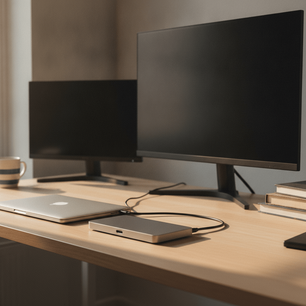 UGREEN Revodok Max 213 Thunderbolt 4 docking station on a desk next to a MacBook Pro with two monitors connected