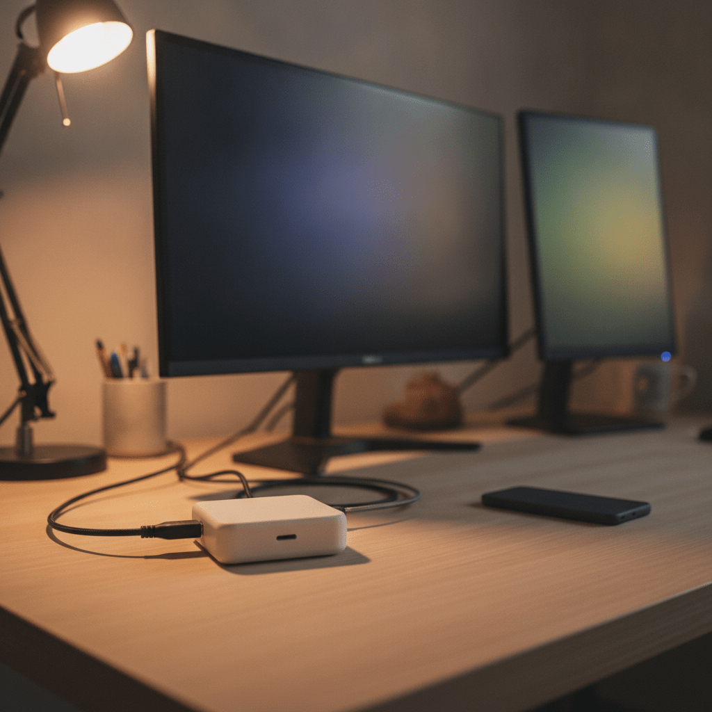 Kensington SD5900T EQ DisplayLink docking station driving four external 4K monitors from a MacBook