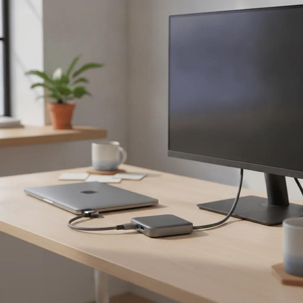 CalDigit SOHO USB-C dock connected to a MacBook Air with a single external monitor on a minimal UK desk setup