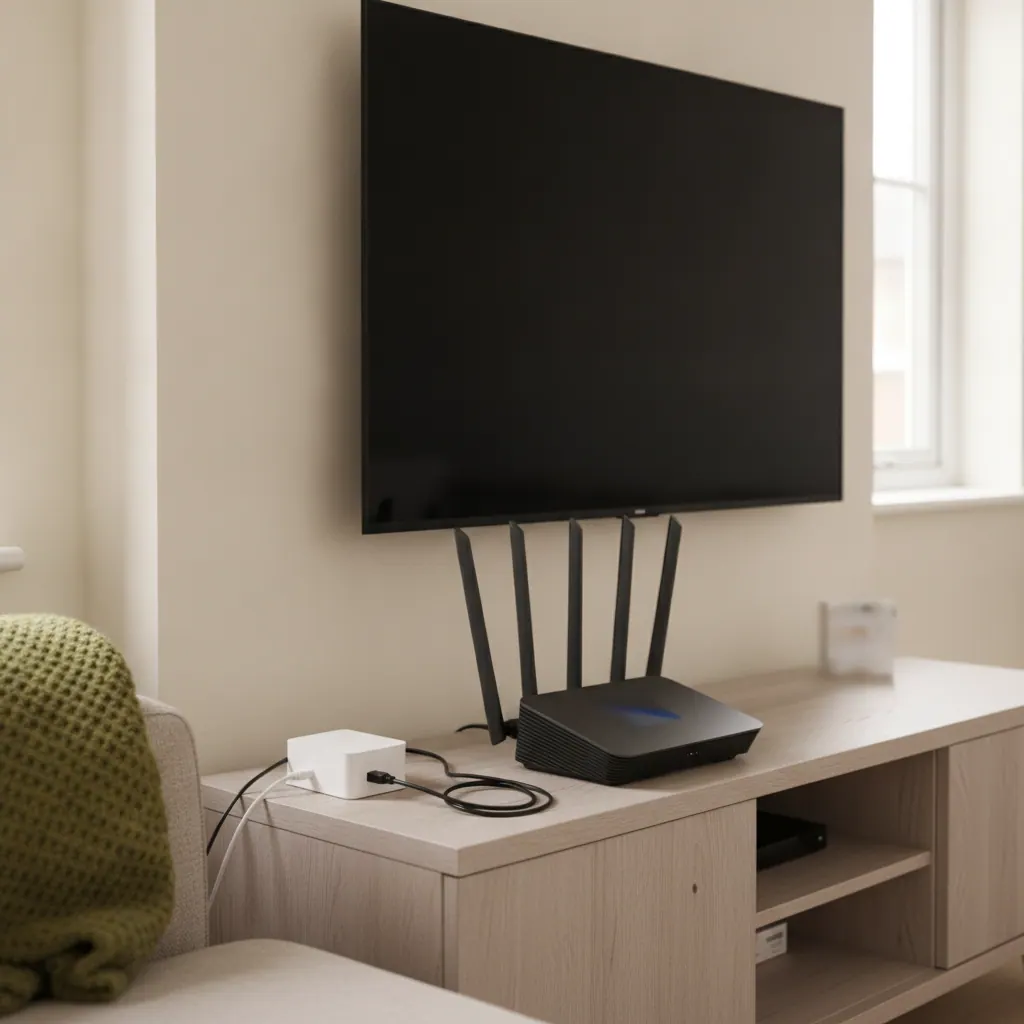 Modern tri-band WiFi 7 router with multiple antennas on a media unit in a UK living room, with a full-fibre ONT box and Ethernet cable beside it