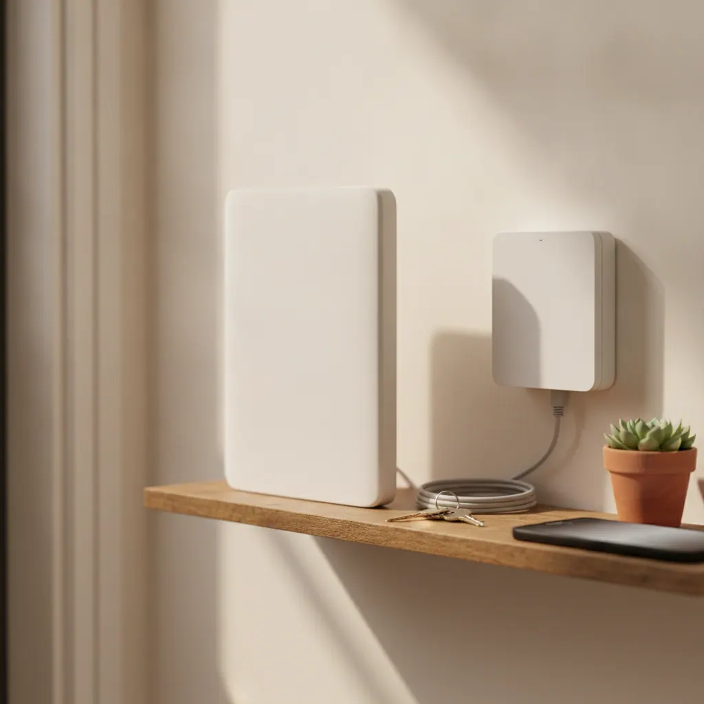 TP-Link Archer BE550 WiFi 7 router standing upright on a wooden shelf next to a broadband ONT box in a UK home