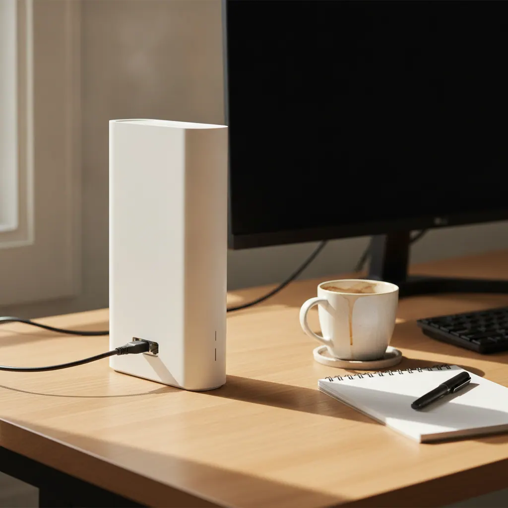 Netgear Nighthawk RS300 tower WiFi 7 router on a home office desk with a network cable in the 10-gigabit WAN port