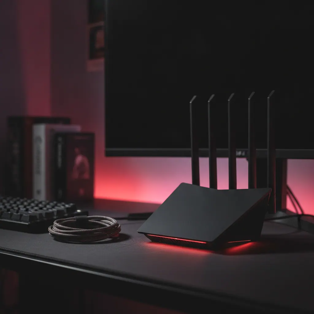 ASUS ROG Rapture GT-BE98 Pro gaming WiFi 7 router with eight antennas and red accent lighting on a gaming desk in a UK bedroom