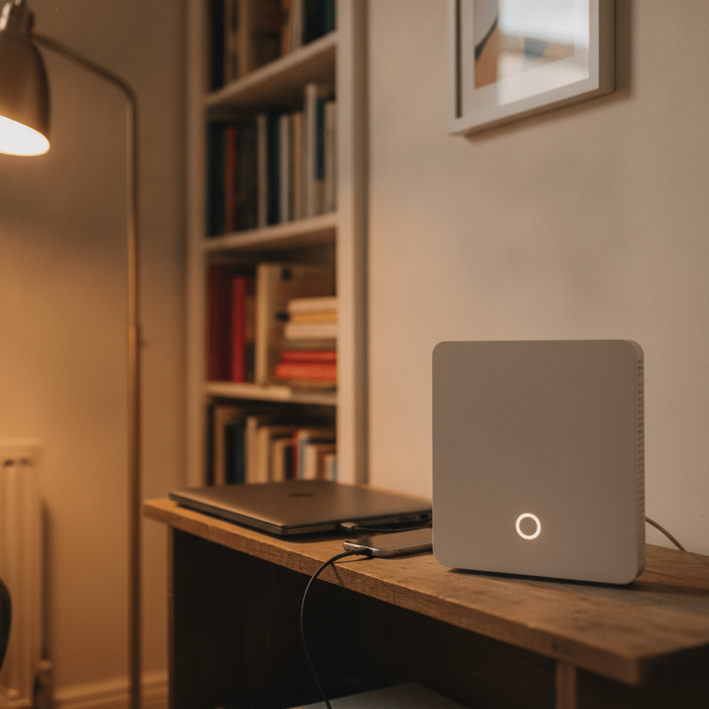 BT Smart Hub 3 router on a shelf in a modern UK living room with a laptop and phone nearby