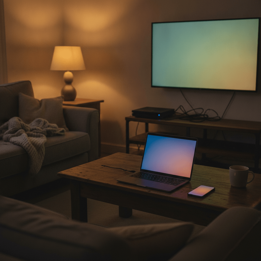 Laptop, smartphone and TV all in simultaneous use in a UK living room, illustrating what a fast broadband connection supports