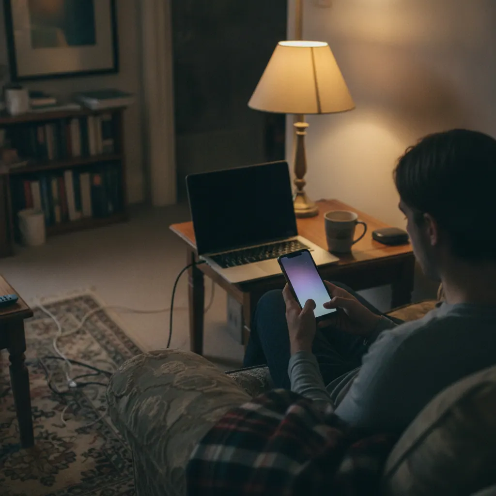 Person checking VPN app settings on a smartphone next to a laptop in a UK living room, illustrating online privacy under the Online Safety Act