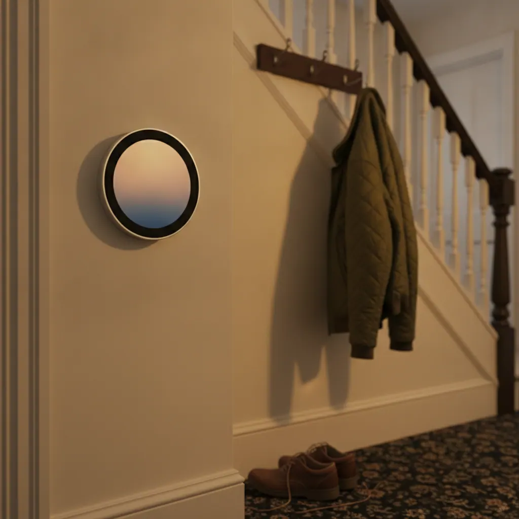 Hive Thermostat smart heating control mounted on a wall in a UK home, showing its round touchscreen display