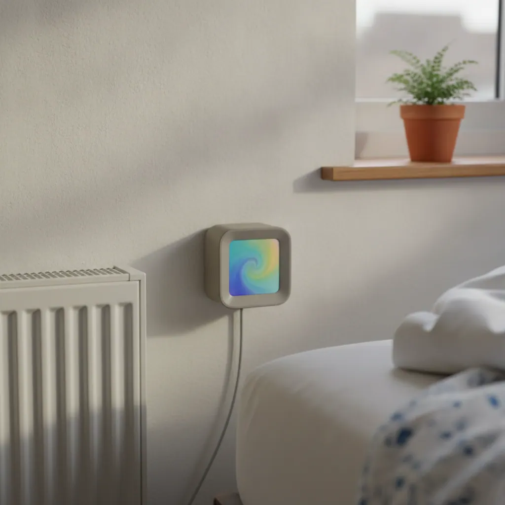 tado Smart Thermostat X wired starter kit mounted on a wall next to a radiator in a UK home