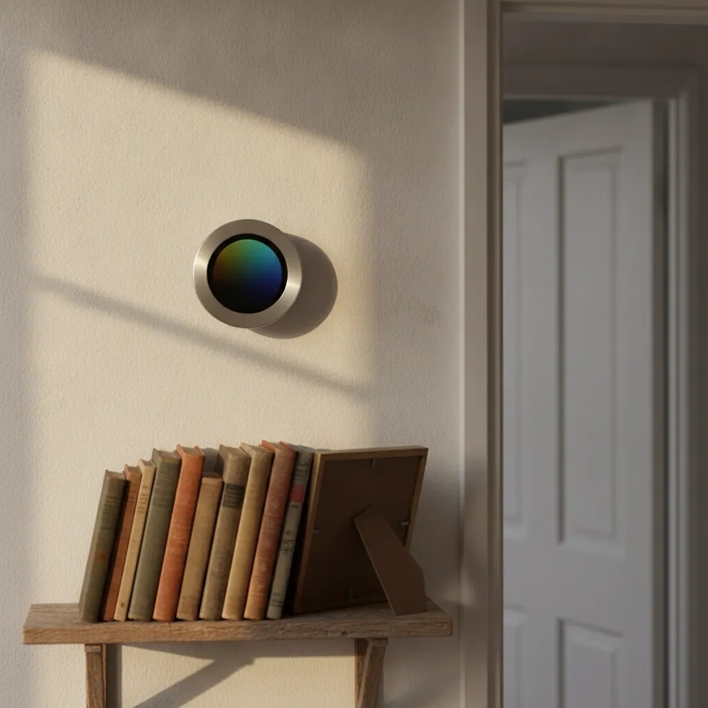Google Nest Learning Thermostat 3rd generation, round stainless steel design, mounted on a hallway wall in a UK home