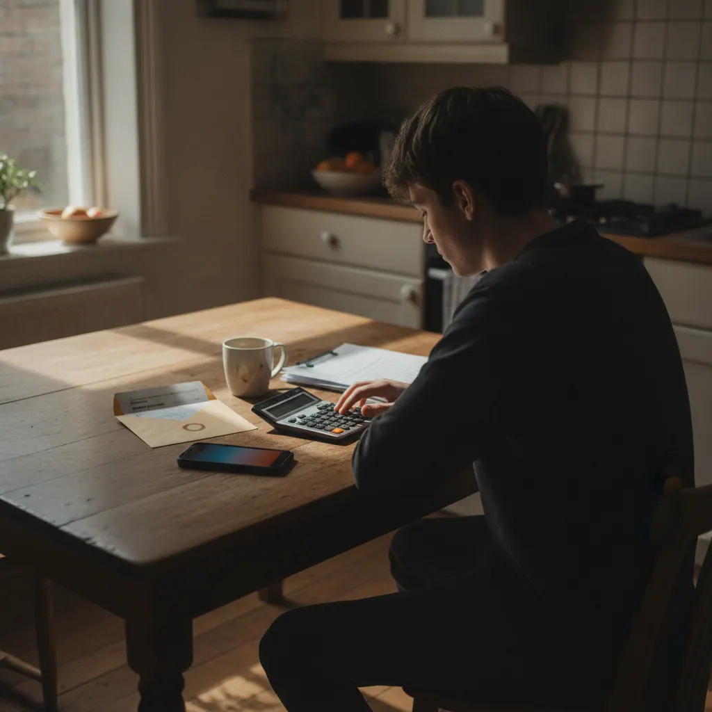 UK adult sitting at a kitchen table calculating broadband costs on a calculator, with a phone bill and smartphone nearby