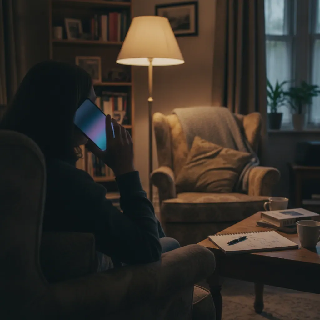 UK adult on a phone call at a home desk speaking to a broadband provider's retentions team, with a notepad of questions and account details in front of them
