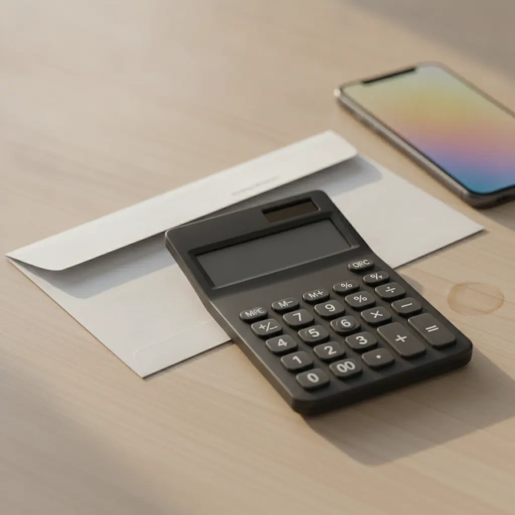 Close-up of a UK broadband bill and a calculator on a desk, working out an early exit fee, with a smartphone showing a contract end date nearby