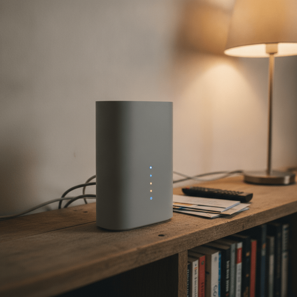 Fibre broadband router set up on a shelf in a UK living room