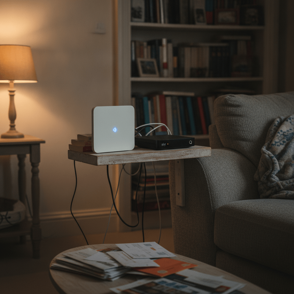 Sky Broadband Hub router set up on a shelf next to a Sky Q box in a UK living room