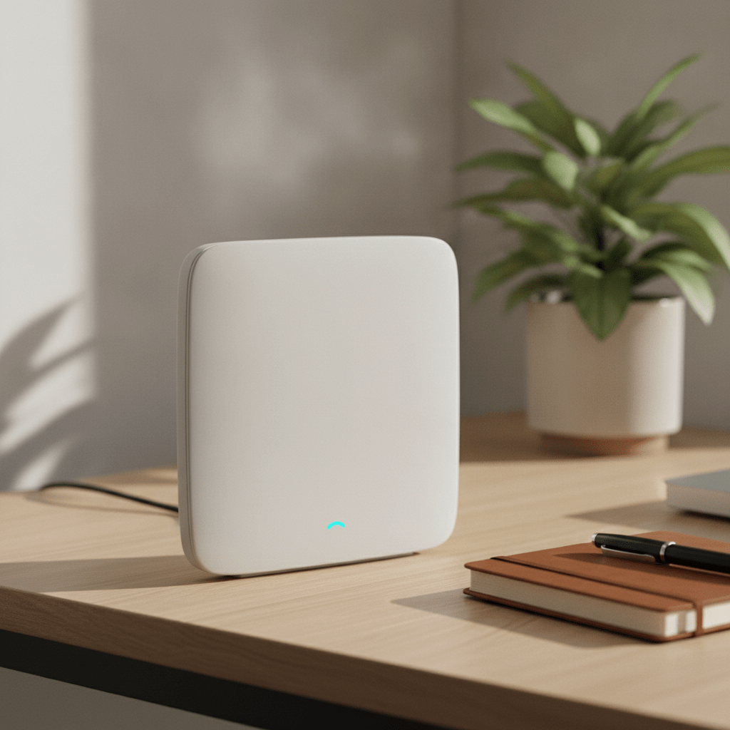 WiFi router glowing with a connected status light on a UK home office desk