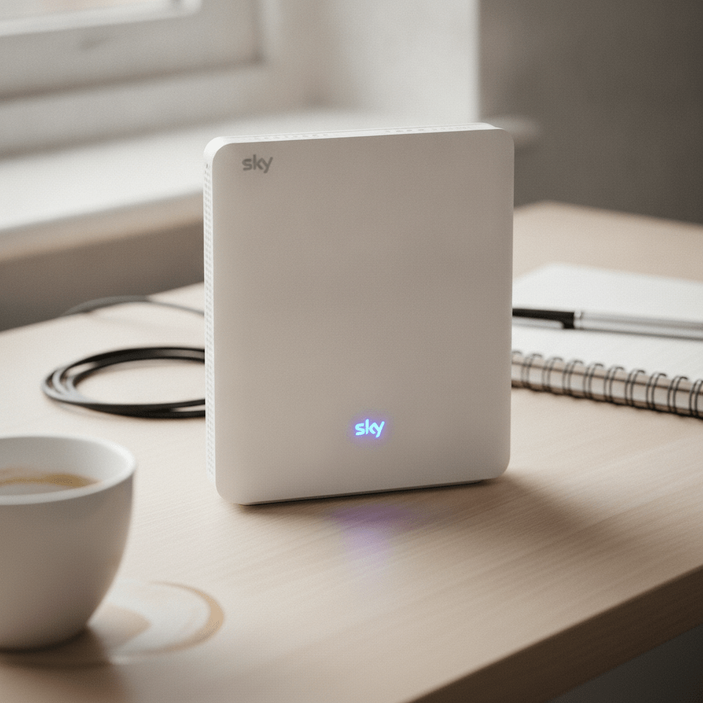 Sky Hub Max Wi-Fi 6 router glowing with a connected status light on a UK home office desk