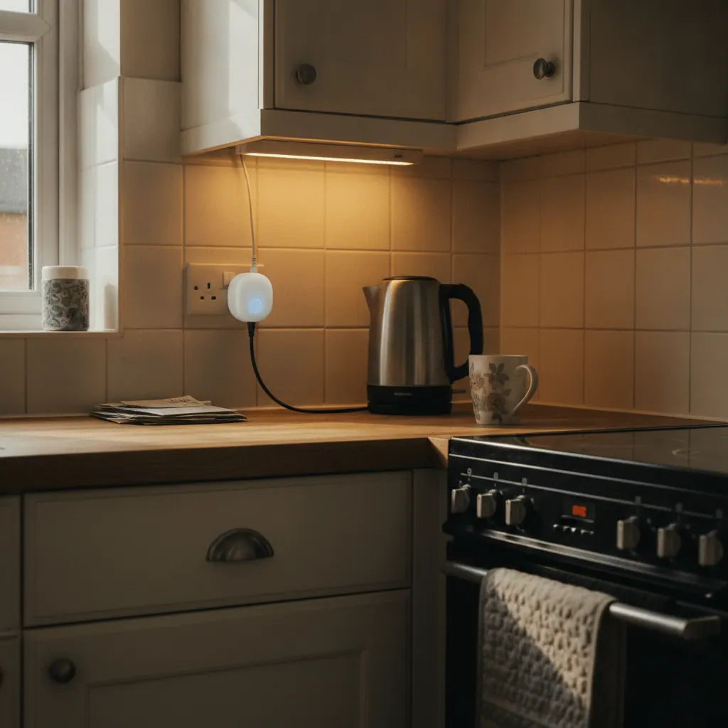 Smart plug and battery-powered under-cabinet light in a UK rental kitchen, no drilling or fixed wiring required