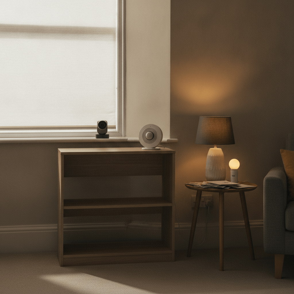 Renter's UK living room with a peel-and-stick motion sensor, a plug-in smart camera and a bayonet-fitting smart bulb, none of them drilled or fixed to the wall