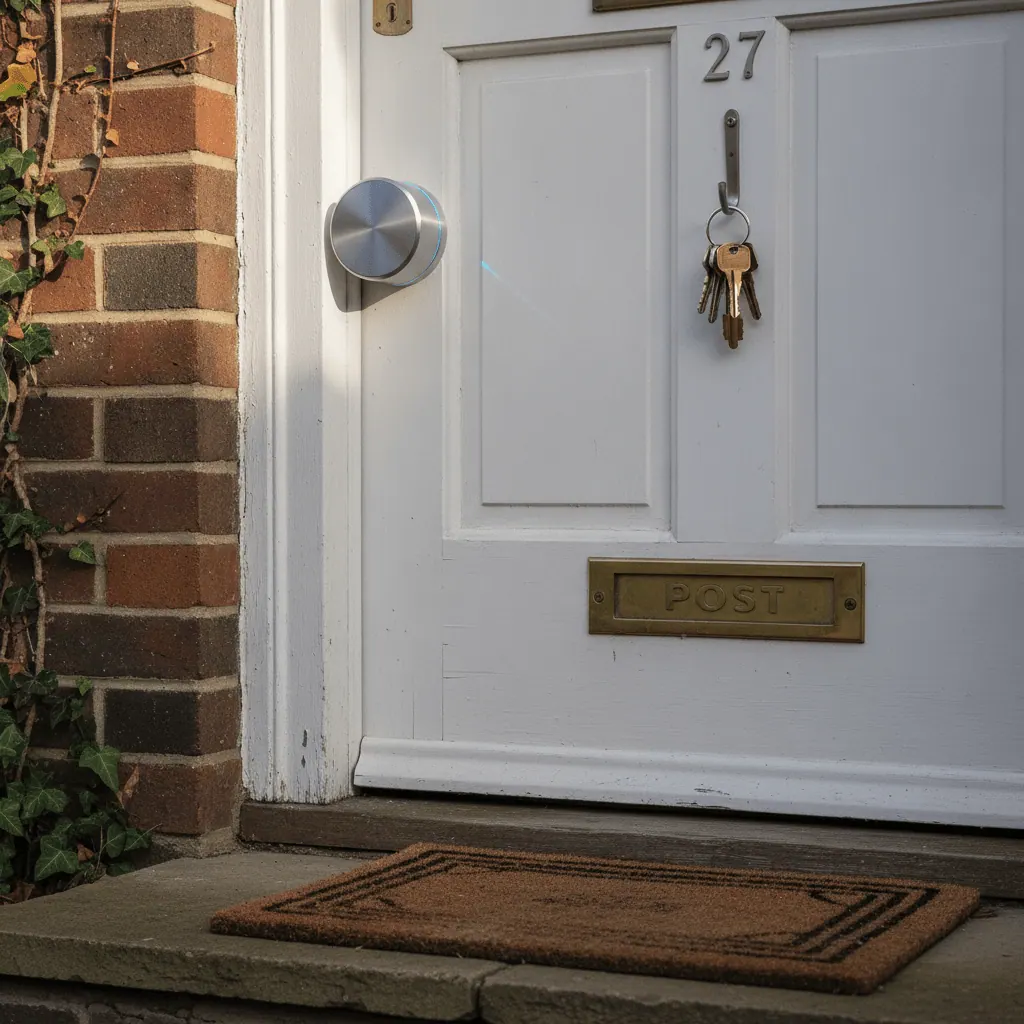 Retrofit smart lock fitted over an existing euro cylinder on a UK rental front door, keeping the original key slot