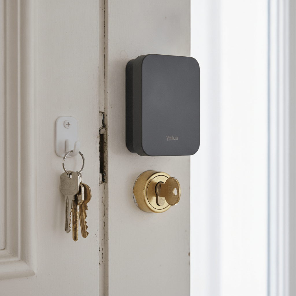 Yale Linus retrofit smart lock fitted over an existing euro cylinder on a UK rental front door, keeping the original key slot