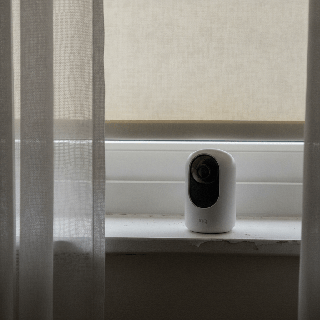 Ring Stick Up Cam Battery propped on a windowsill in a UK rented flat, no drilling or wiring visible