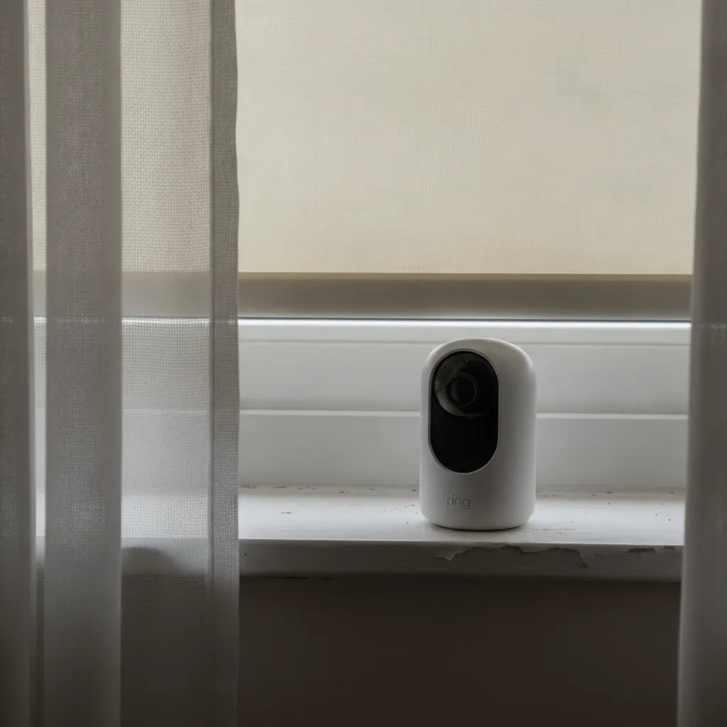 Ring Stick Up Cam Battery propped on a windowsill in a UK rented flat, no drilling or wiring visible