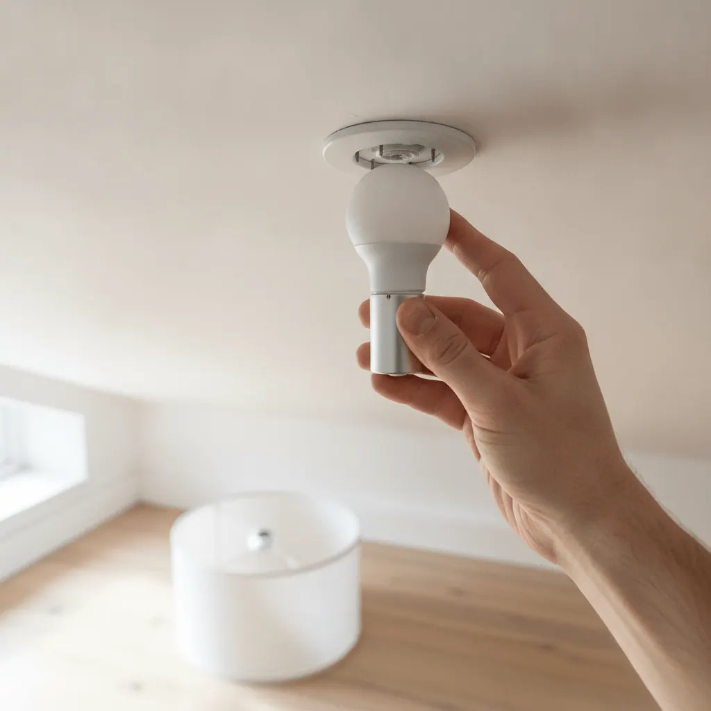 Philips Hue B22 bayonet-fitting smart bulb being twisted into a UK ceiling light socket in a rented flat