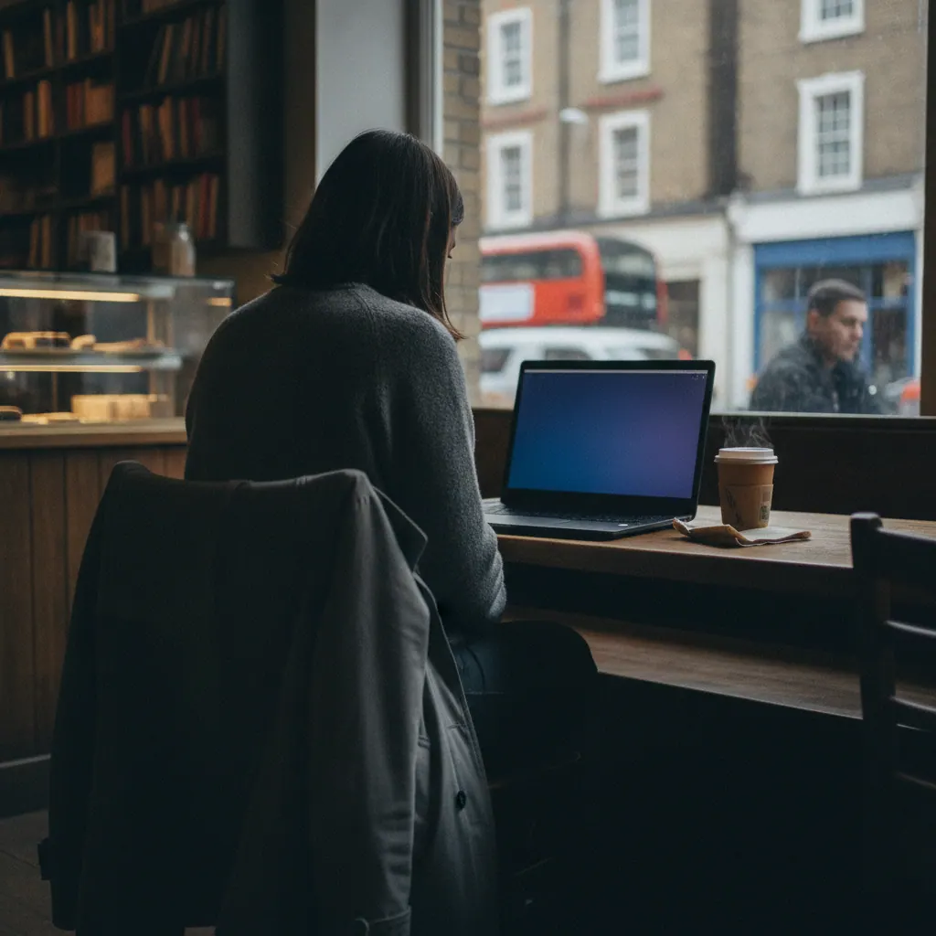 Remote worker using a laptop in a UK coffee shop with a VPN connection active on screen, public WiFi working-from-home scenario