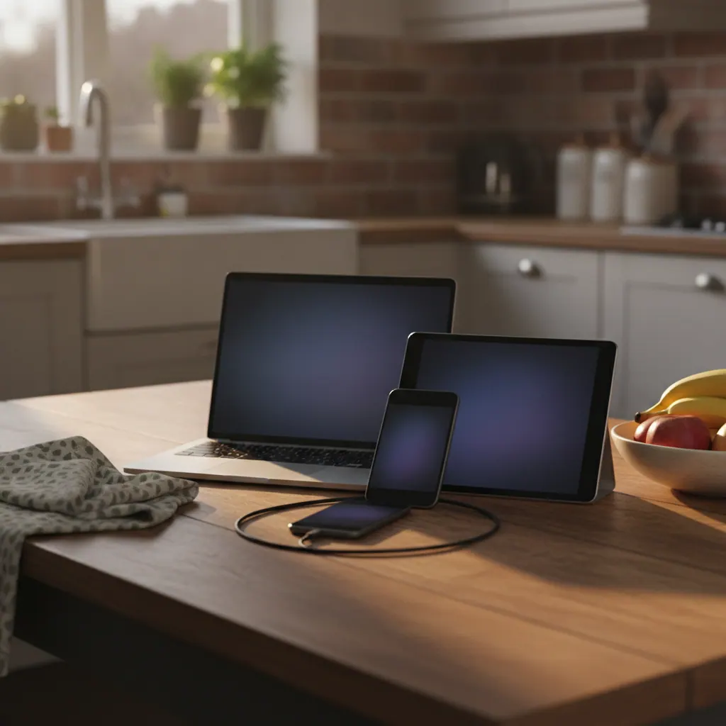 Surfshark VPN app interface on a laptop screen showing multiple connected devices for a UK home office setup