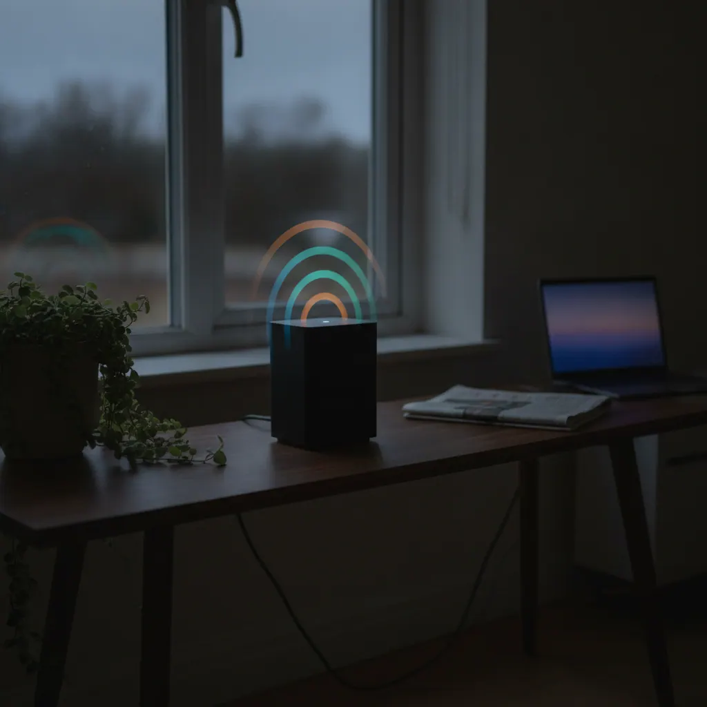 A home Wi-Fi router with three glowing signal bands on a living-room console table in a UK home, labelled WiFi 6, WiFi 6E and WiFi 7