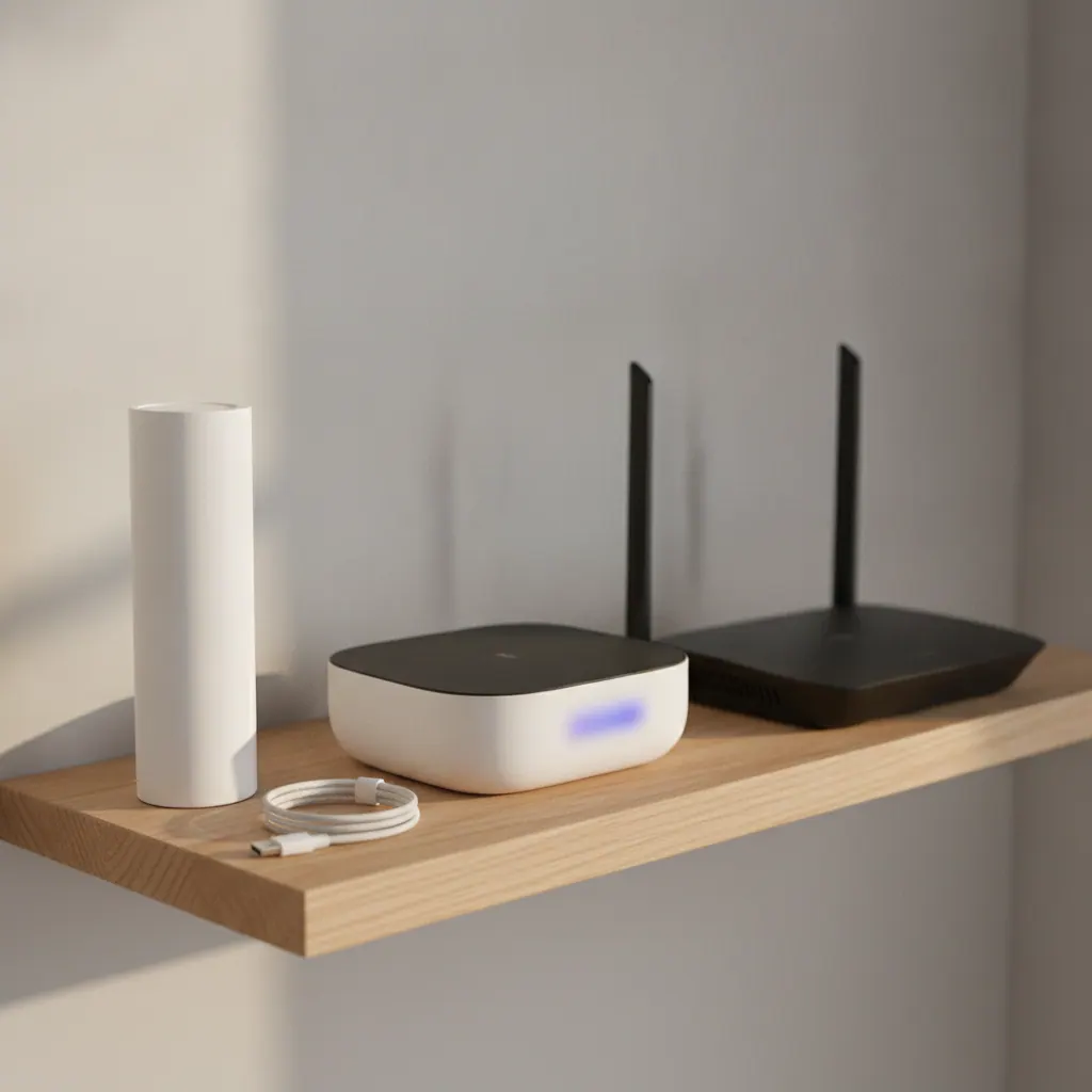 TP-Link Deco X55 mesh unit, Amazon eero 7 and TP-Link Archer BE550 router arranged on a shelf in a UK home