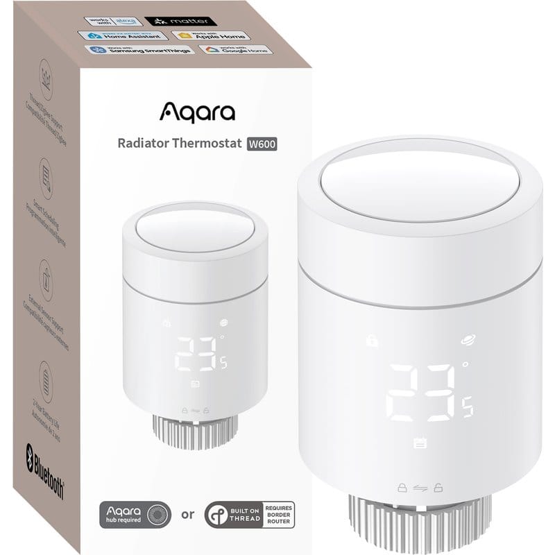 Aqara Radiator Thermostat W600 smart radiator valve next to its retail box
