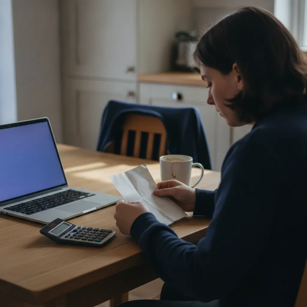 Person at a kitchen table in a UK home reading a final broadband bill on paper, with a laptop, a calculator and a mug beside them