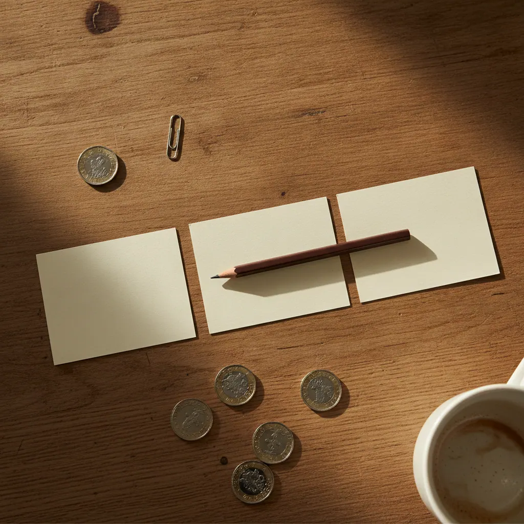 Three blank index cards, a pencil and a few pound coins on a wooden desk, representing the three different ways providers work out an exit fee