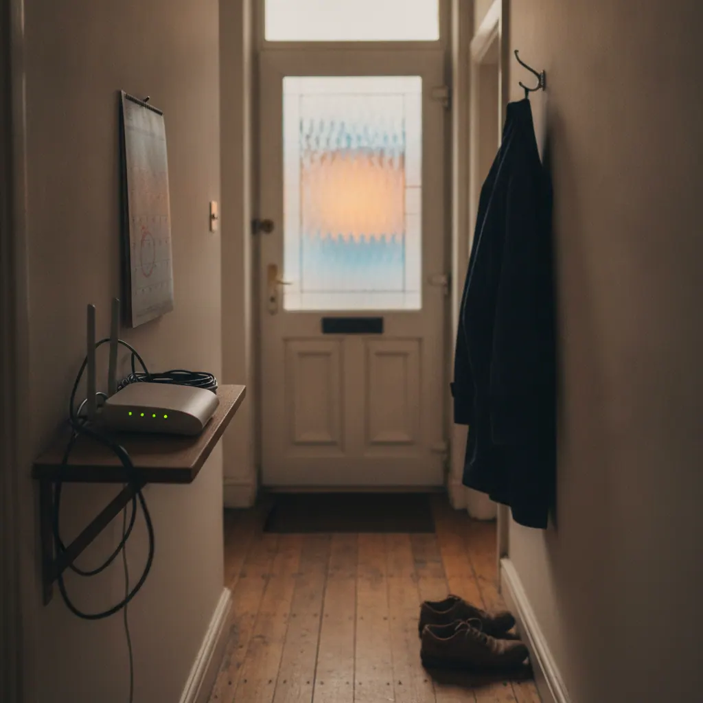 UK broadband router on a hallway shelf beside a wall calendar with one date circled in red pen