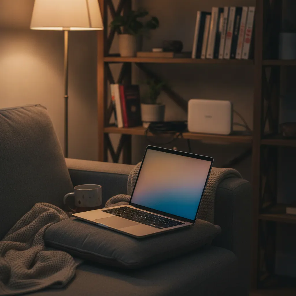 Laptop open on a sofa cushion in a dimly lit UK living room, with a white broadband router on the bookshelf behind
