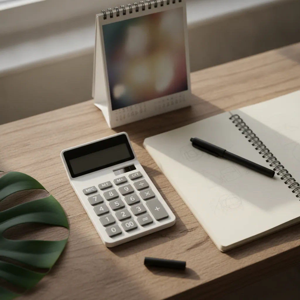 Calculator, desk calendar and notebook on a wooden desk, for working out an early exit fee