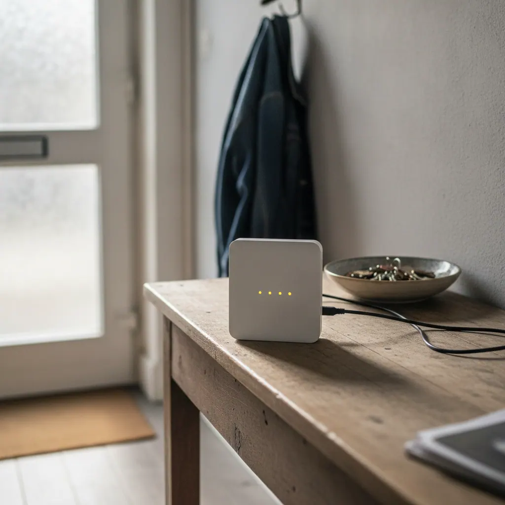 A white home broadband router with four lit LEDs on a hallway table
